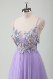 Purple Tulle A-Line Spaghetti Straps Long Prom Dress with Appliques