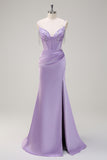 Lilac Corset Satin Beaded Mermaid Prom Dress with Slit