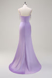 Lilac Corset Satin Beaded Mermaid Prom Dress with Slit