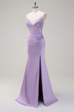 Lilac Corset Satin Beaded Mermaid Prom Dress with Slit