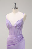 Lilac Corset Satin Beaded Mermaid Prom Dress with Slit