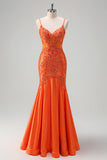 Orange Mermaid Corset Beaded Long Prom Dress