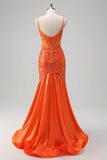 Orange Mermaid Corset Beaded Long Prom Dress