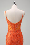 Orange Mermaid Spaghetti Straps Beaded Long Prom Dress