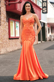 Orange Mermaid Corset Beaded Long Prom Dress