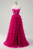 Princess Fuchsia Sweetheart Tiered Ball Gown Prom Dresses with Slit