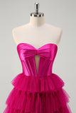 Princess Fuchsia Sweetheart Keyhole Tiered Long Prom Dresses with Slit