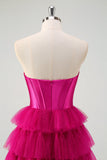 Princess Fuchsia Sweetheart Keyhole Tiered Long Prom Dresses with Slit