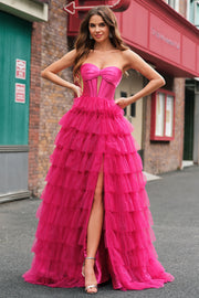 Princess Fuchsia Sweetheart Tiered Ball Gown Prom Dresses with Slit