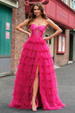 Princess Fuchsia Sweetheart Tiered Ball Gown Prom Dresses with Slit