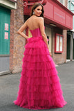 Princess Fuchsia Sweetheart Tiered Ball Gown Prom Dresses with Slit