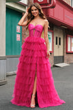 Princess Fuchsia Sweetheart Tiered Ball Gown Prom Dresses with Slit