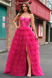 Princess Fuchsia Sweetheart Tiered Ball Gown Prom Dresses with Slit