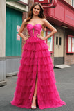 Princess Fuchsia Sweetheart Tiered Ball Gown Prom Dresses with Slit