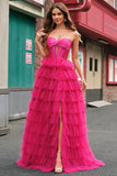 Princess Fuchsia Sweetheart Tiered Ball Gown Prom Dresses with Slit