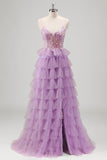 Lilac Spaghetti Straps Sequins Tiered A-Line Prom Dress with Slit