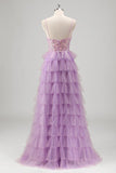 Lilac Spaghetti Straps Sequins Tiered A-Line Prom Dress with Slit