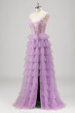 Lilac Spaghetti Straps Sequins Tiered A-Line Prom Dress with Slit