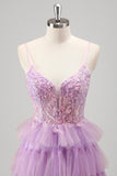 Lilac Spaghetti Straps Sequins Tiered A-Line Prom Dress with Slit