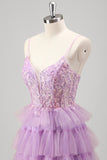 Lilac Spaghetti Straps Sequins Tiered A-Line Prom Dress with Slit