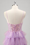 Lilac Spaghetti Straps Sequins Tiered A-Line Prom Dress with Slit