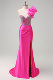 Fuchsia One Shoulder Corset Beaded Mermaid Satin Prom Dress with Slit