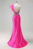 Fuchsia Corset Ruffle Beaded Mermaid Satin Prom Dress with Slit