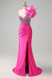 Fuchsia One Shoulder Corset Beaded Mermaid Satin Prom Dress with Slit