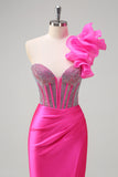 Fuchsia One Shoulder Corset Beaded Mermaid Satin Prom Dress with Slit