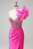 Fuchsia One Shoulder Corset Beaded Mermaid Satin Prom Dress with Slit