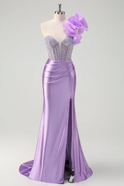 Lilac Mermaid Beaded Corset Boning One Shoulder Prom Dress with Slit