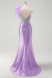 Lilac Mermaid Beaded Corset Ruffle Satin Prom Dress with Slit