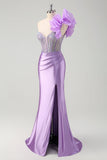 Lilac Mermaid Beaded Corset Boning One Shoulder Prom Dress with Slit