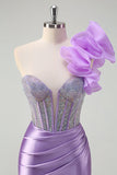 Lilac Mermaid Beaded Corset Boning One Shoulder Prom Dress with Slit