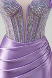 Lilac Mermaid Beaded Corset Boning One Shoulder Prom Dress with Slit