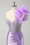 Lilac Mermaid Beaded Corset Boning One Shoulder Prom Dress with Slit