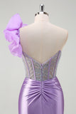 Lilac Mermaid Beaded Corset Boning One Shoulder Prom Dress with Slit