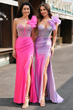 Lilac Mermaid Beaded Corset Ruffle Satin Prom Dress with Slit