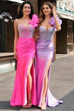 Lilac Mermaid Beaded Corset Ruffle Satin Prom Dress with Slit