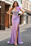 Lilac Mermaid Beaded Corset Boning One Shoulder Prom Dress with Slit