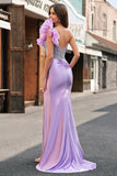 Lilac Mermaid Beaded Corset Ruffle Satin Prom Dress with Slit