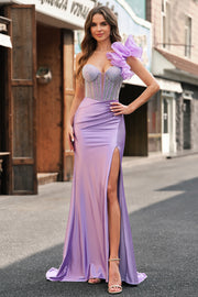 Lilac Mermaid Beaded Corset Ruffle Satin Prom Dress with Slit