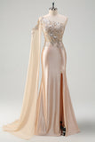 Glitter Champagne One Shoulder Mermaid Long Prom Dress with Slit