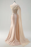 Glitter Champagne One Shoulder Mermaid Long Prom Dress with Slit