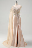 Glitter Champagne One Shoulder Mermaid Long Prom Dress with Slit