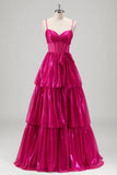 Metallic Fuchsia Corset Tiered A-Line Prom Dress with Bow