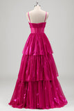 Metallic Fuchsia Corset Tiered A-Line Prom Dress with Bow