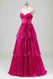 Metallic Fuchsia Corset Tiered A-Line Prom Dress with Bow