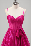 Metallic Fuchsia Corset Tiered A-Line Prom Dress with Bow