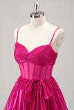 Metallic Fuchsia Corset Tiered A-Line Prom Dress with Bow